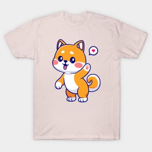 Cute Shiba Inu Standing And Waving Hand Cartoon T-Shirt